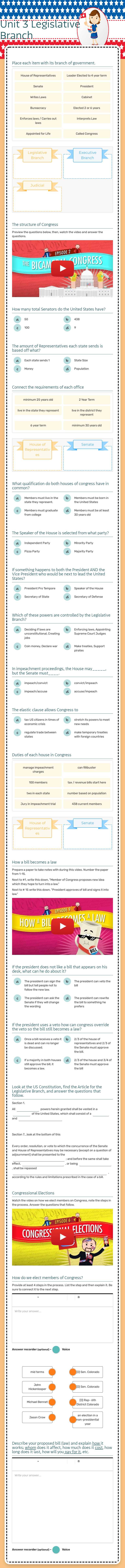 Unit 3 Legislative Branch Grade 10 worksheet preview