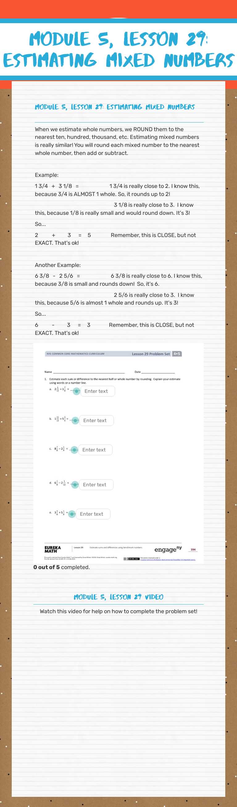 Module 5, Lesson 29:
Estimating Mixed Numbers worksheet preview image
