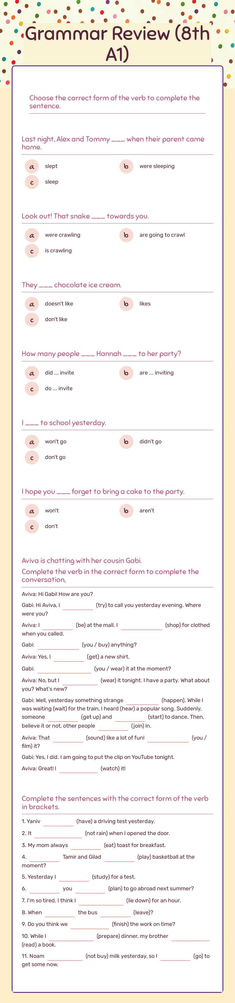 Grammar Review (8th A1) worksheet preview image