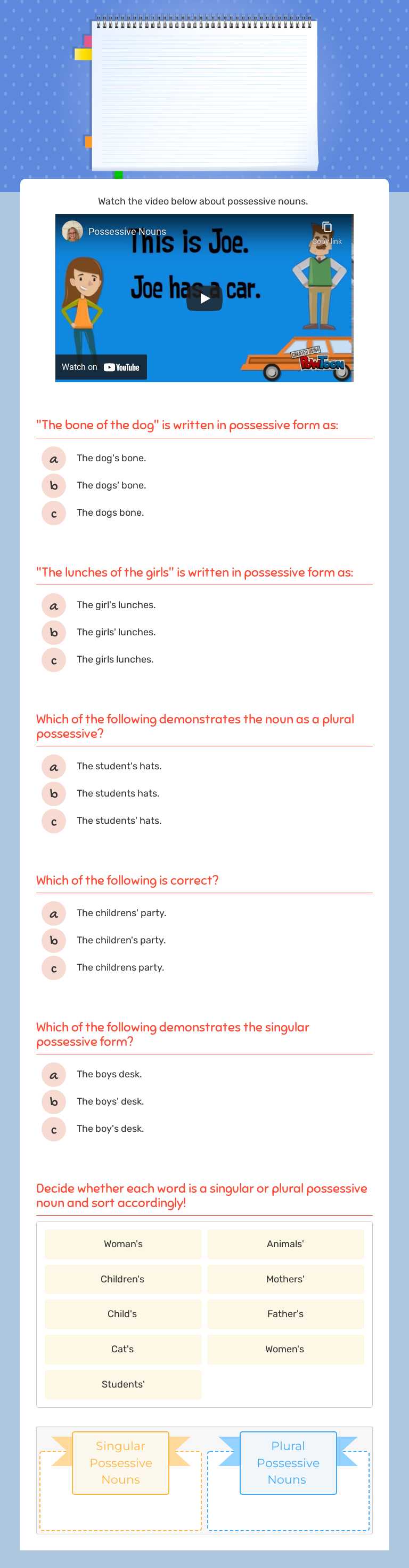 Singular and Plural Possessive Nouns worksheet preview image
