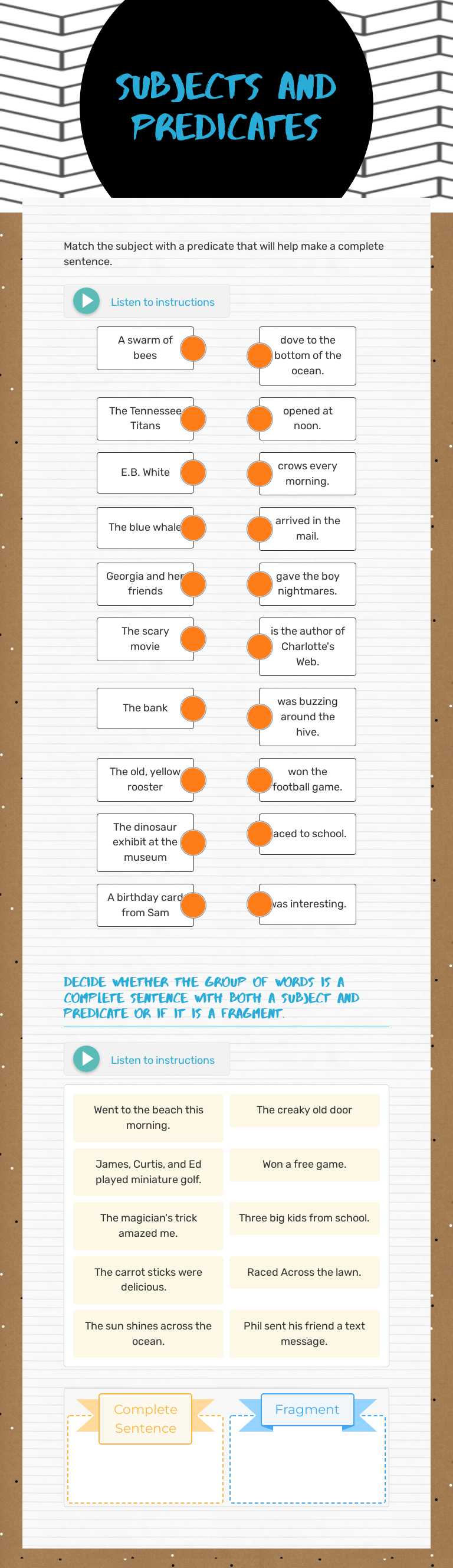 Subjects and
Predicates worksheet preview image