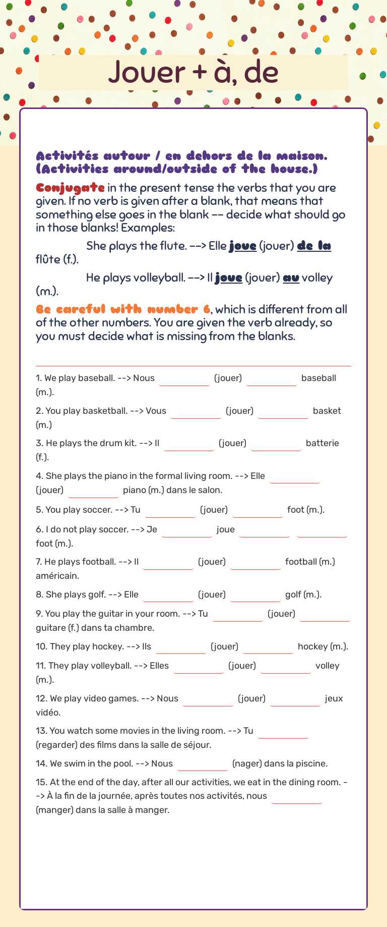 Jouer + à, de worksheet preview image