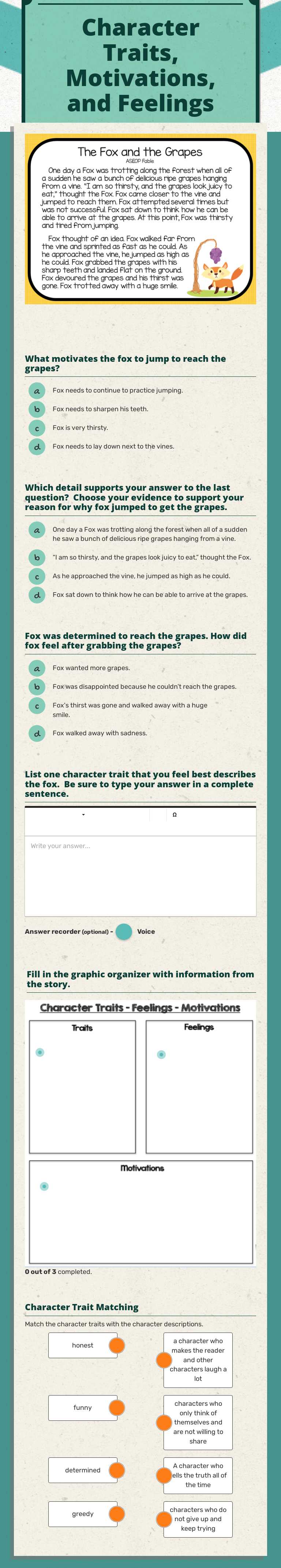 Character Traits, Motivations, and Feelings worksheet preview image