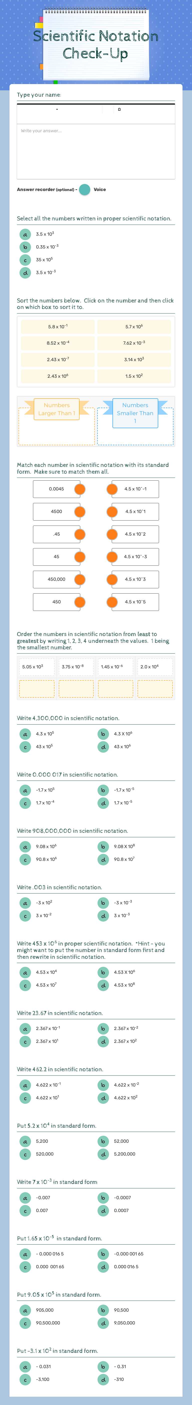 Scientific Notation Check-Up worksheet preview image