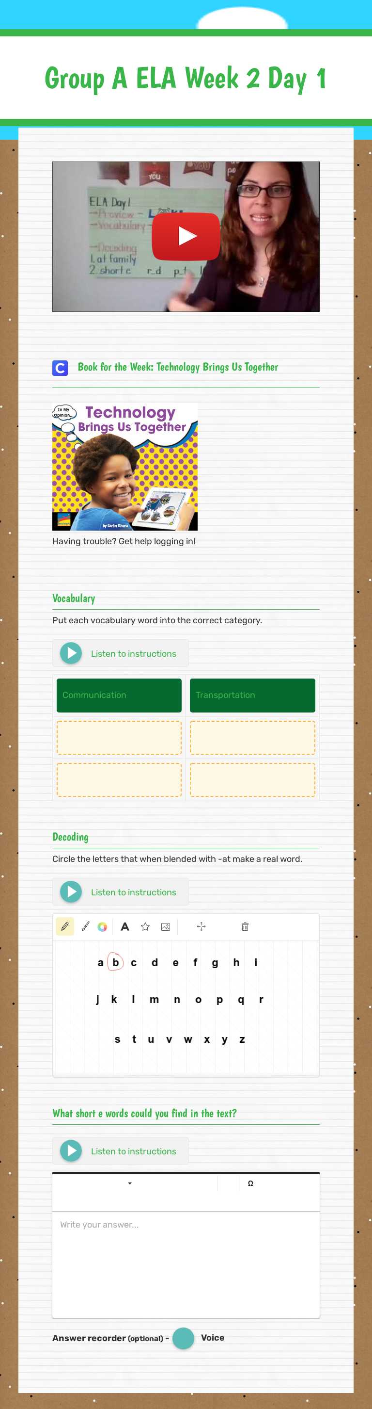 Group A ELA Week 2 Day 1 worksheet preview image