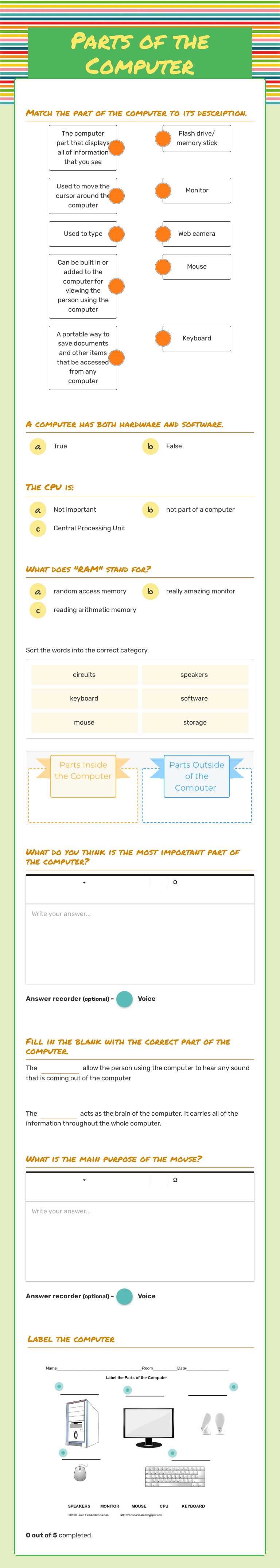 Parts of the Computer worksheet preview image