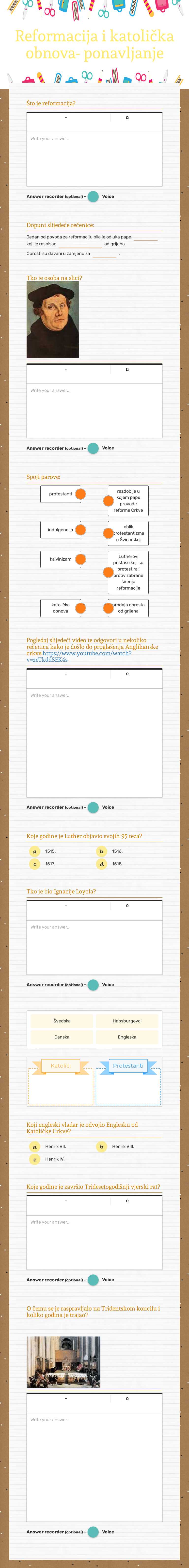 Reformacija i katolička obnova- ponavljanje Grade 6 worksheet preview