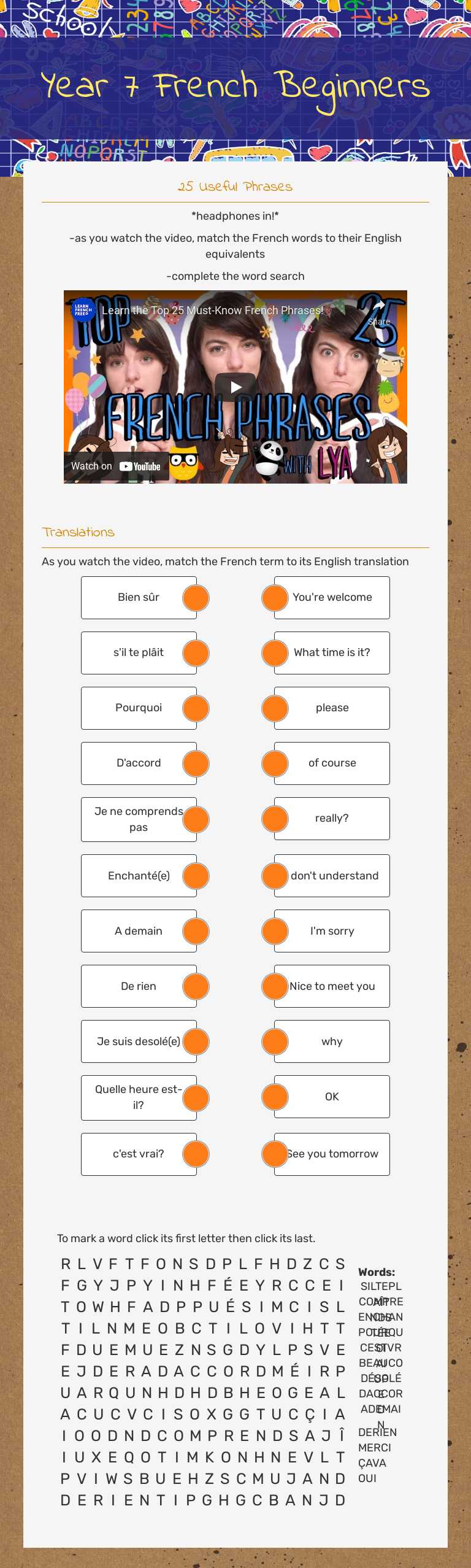 Year 7 French Beginners worksheet preview image