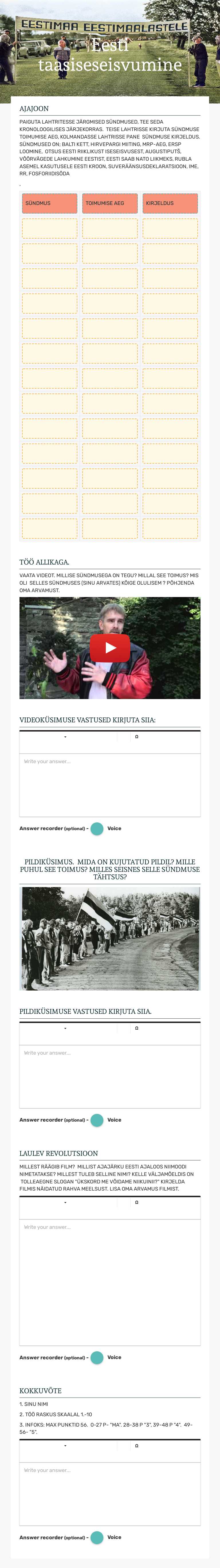 Eesti taasiseseisvumine worksheet preview image