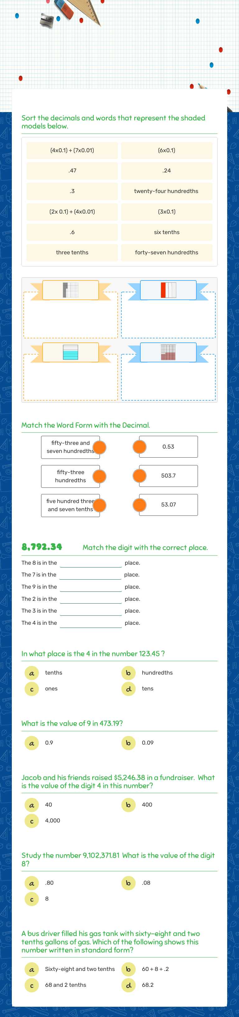 Place Value of Decimals worksheet preview image