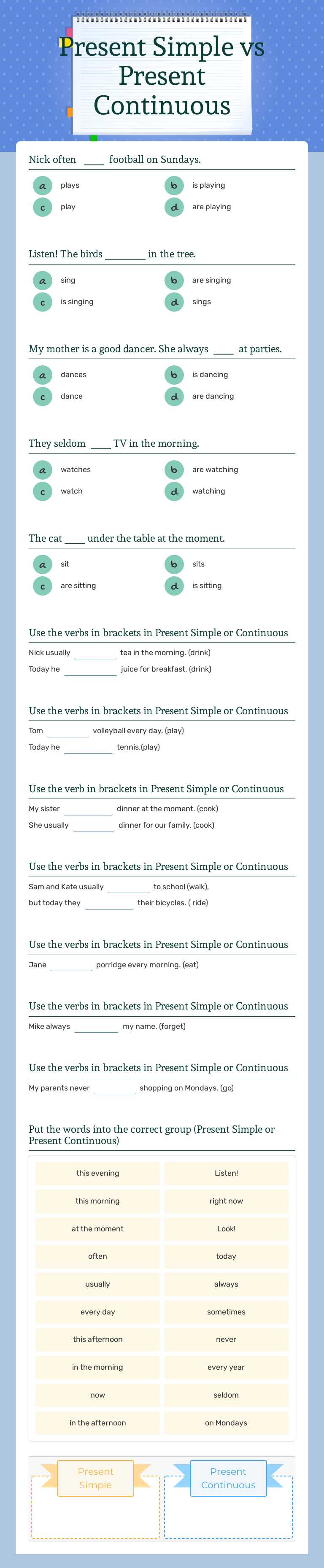 Present Simple 
vs 
Present Continuous worksheet preview image