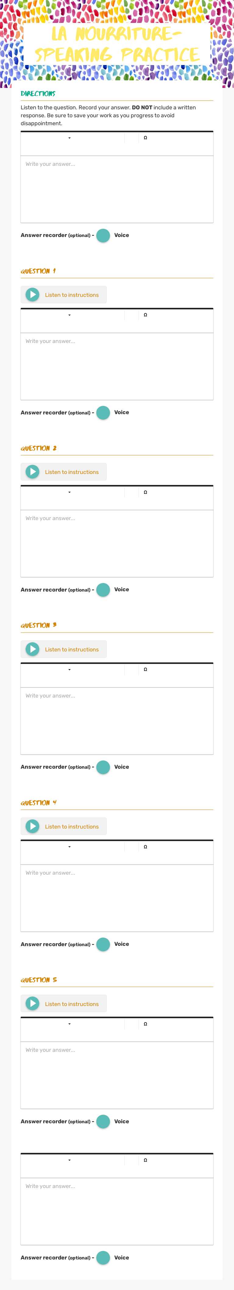 la nourriture- Speaking practice Grade 9 worksheet preview