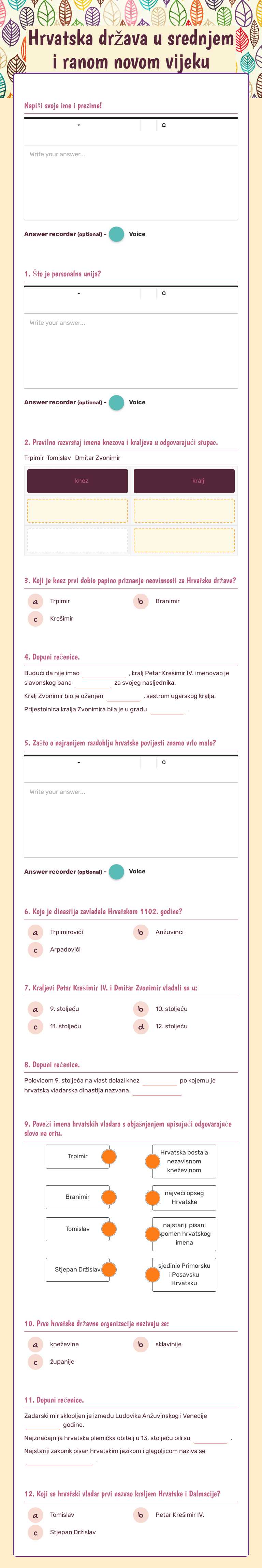 Hrvatska država u srednjem i ranom novom vijeku Grade 6 worksheet preview