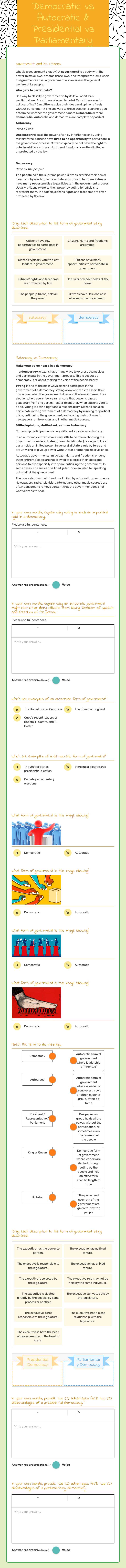 Democratic vs Autocratic & Presidential vs Parliamentary Governments worksheet preview image