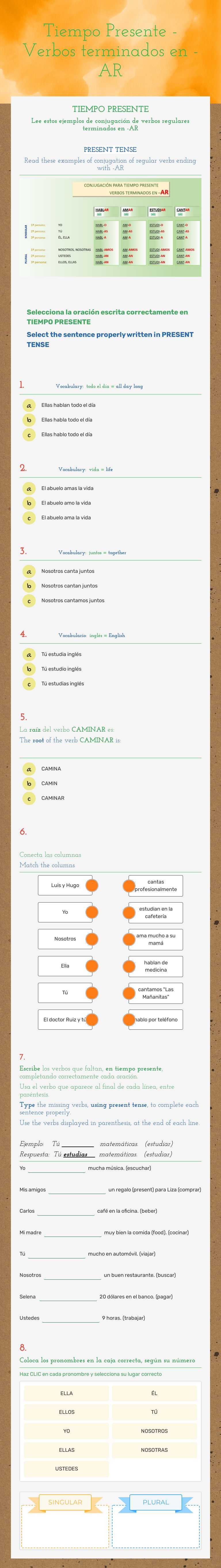 Tiempo Presente - Verbos terminados en -AR worksheet preview image
