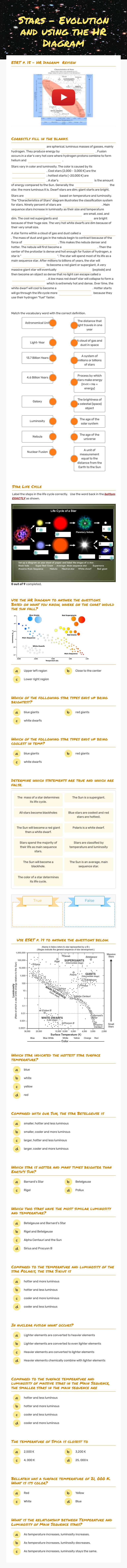 Stars - Evolution and using the HR Diagram worksheet preview image