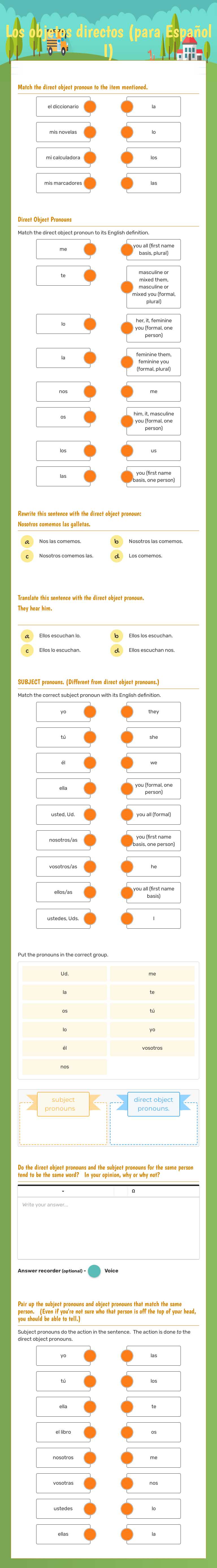 Los objetos directos (para Español I) worksheet preview image