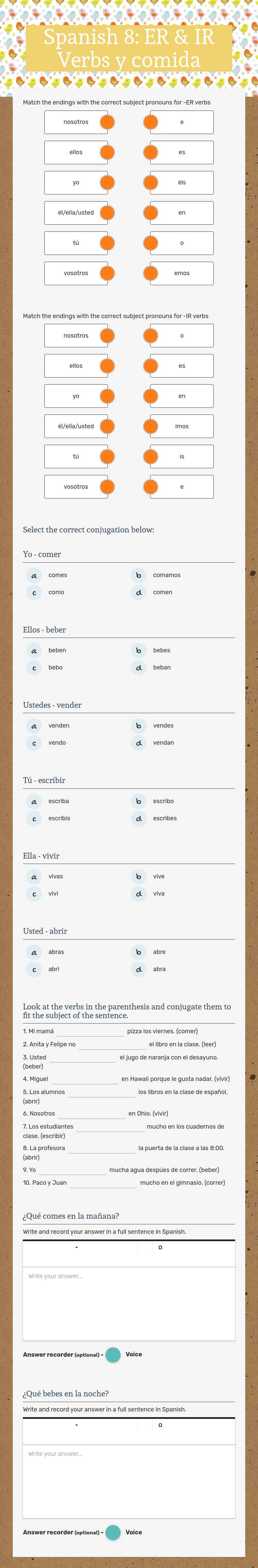 Spanish 8: ER & IR Verbs y comida worksheet preview image