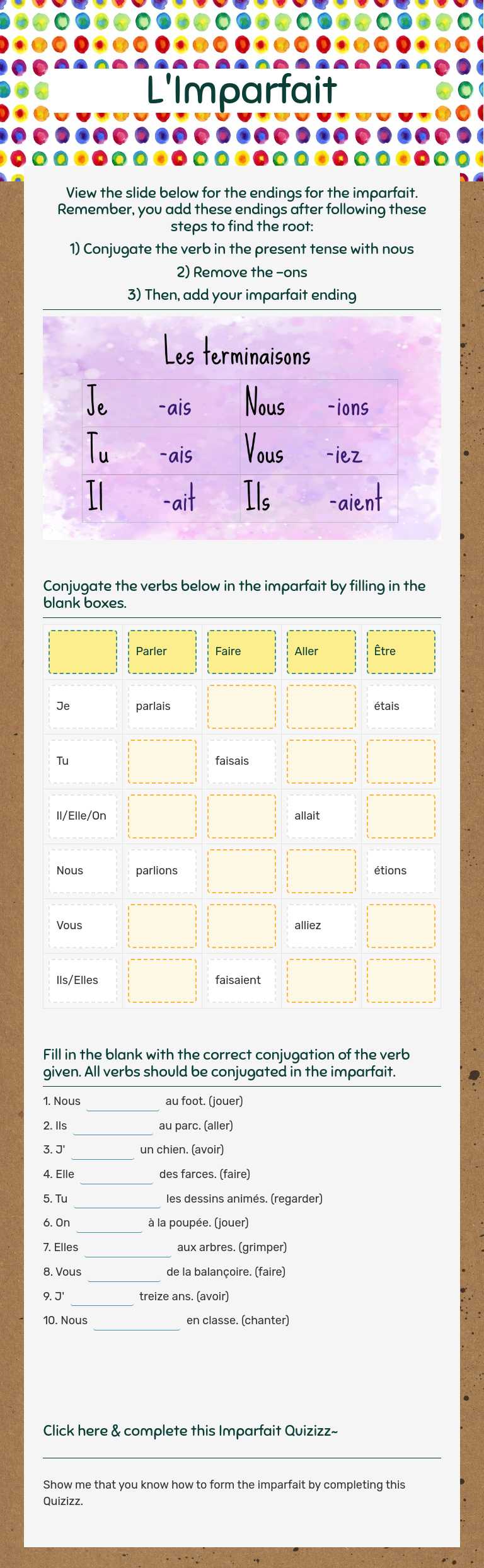 L'Imparfait worksheet preview image