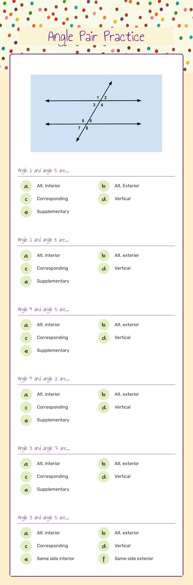 Angle Pair Practice worksheet preview image