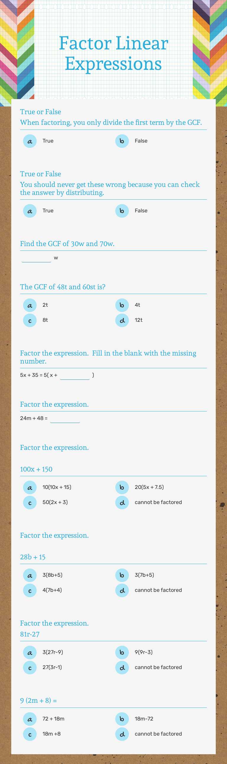 Factor Linear Expressions Grade 7 worksheet preview