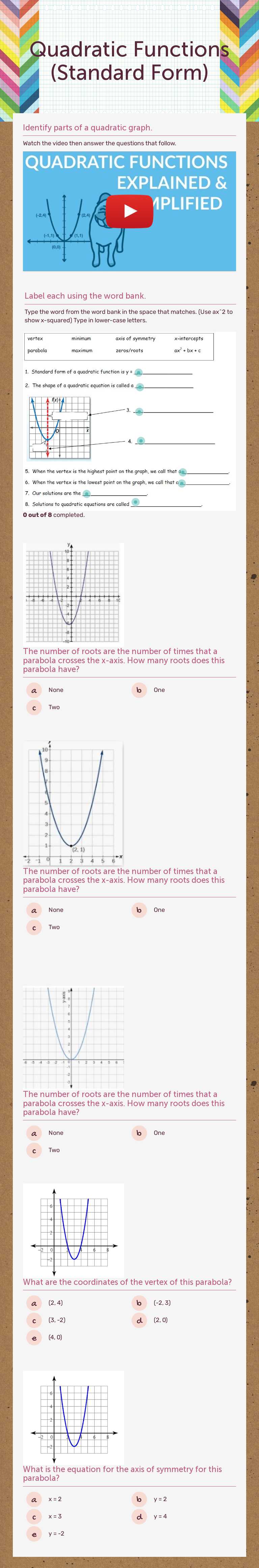 Quadratic Functions (Standard Form) Grade 9 worksheet preview