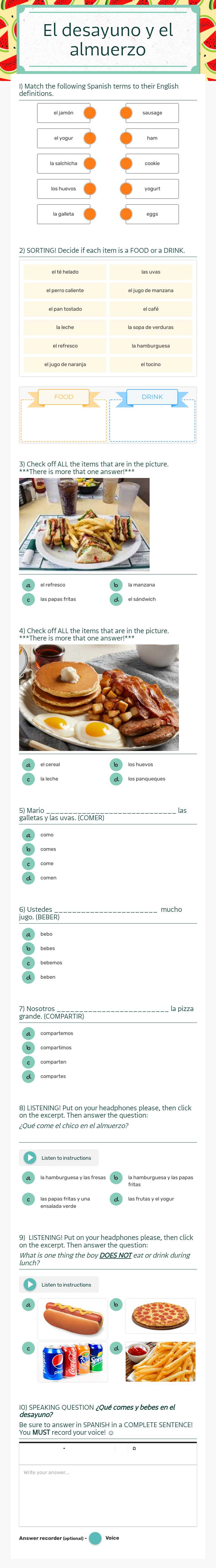 El desayuno y el almuerzo worksheet preview image