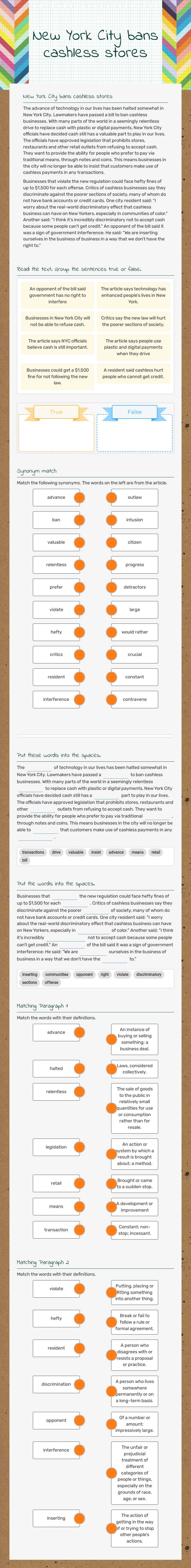 New York City bans cashless stores worksheet preview image