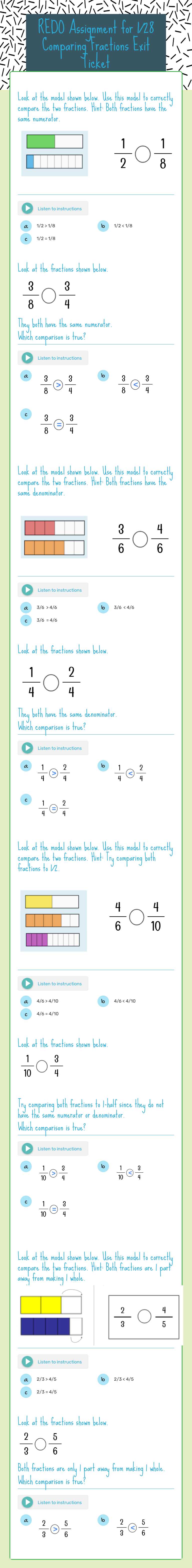 REDO Assignment for 1/28 Comparing Fractions Exit Ticket by Sarah Baker ...