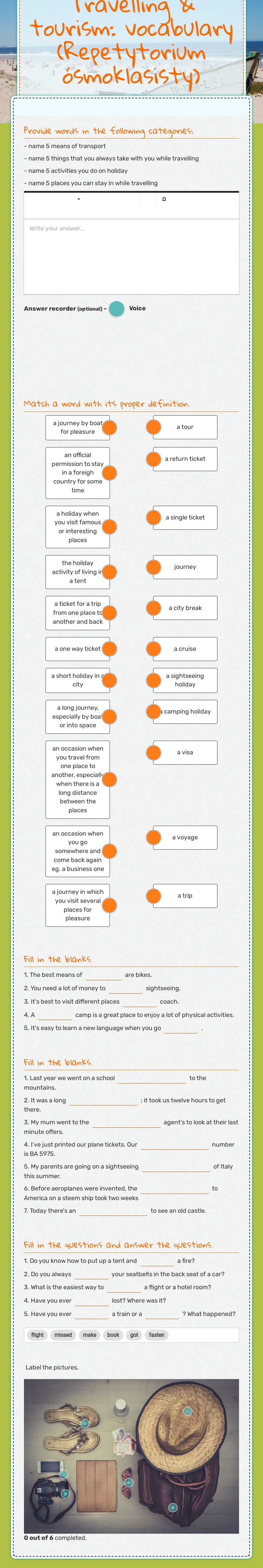 Travelling & tourism: vocabulary (Repetytorium ósmoklasisty) Grade 8 worksheet preview