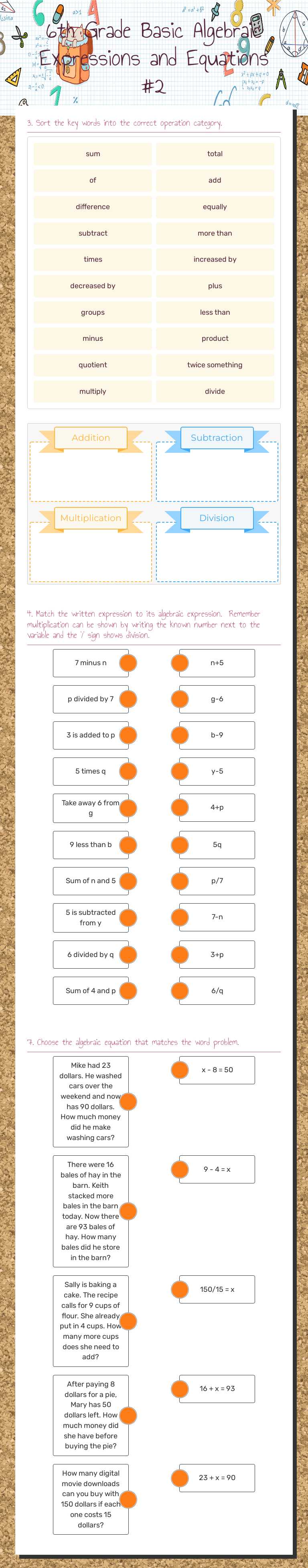 6th Grade Basic Algebraic Expressions and Equations #2 worksheet preview image