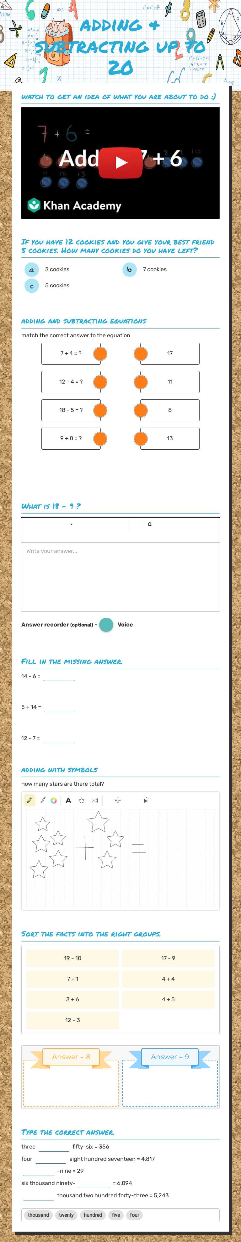 adding & subtracting up to 20 Grade 1 worksheet preview
