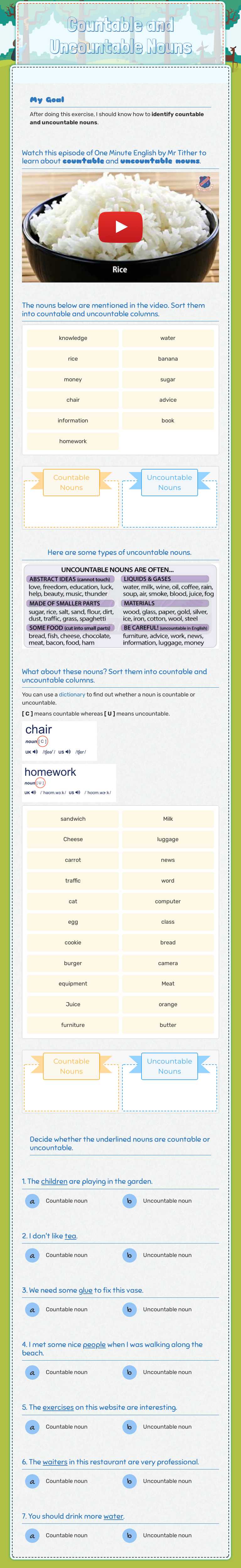 Countable and Uncountable Nouns Grade 5 worksheet preview