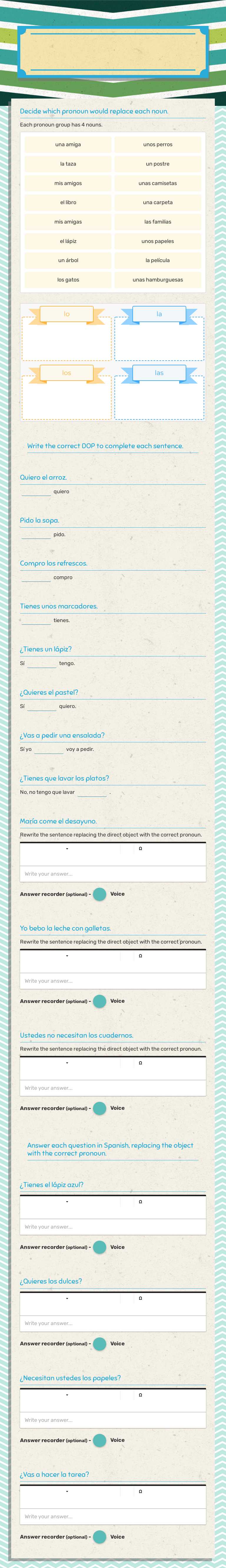 Direct object pronouns worksheet preview image