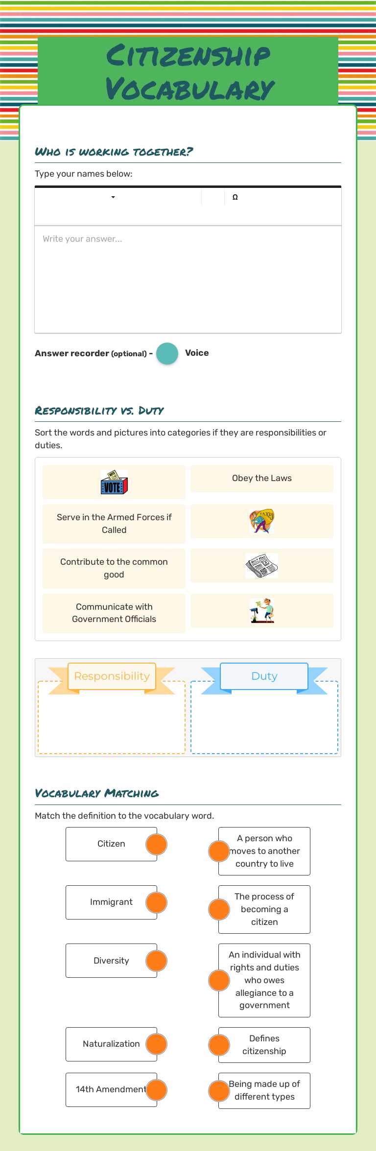 Citizenship Vocabulary worksheet preview image