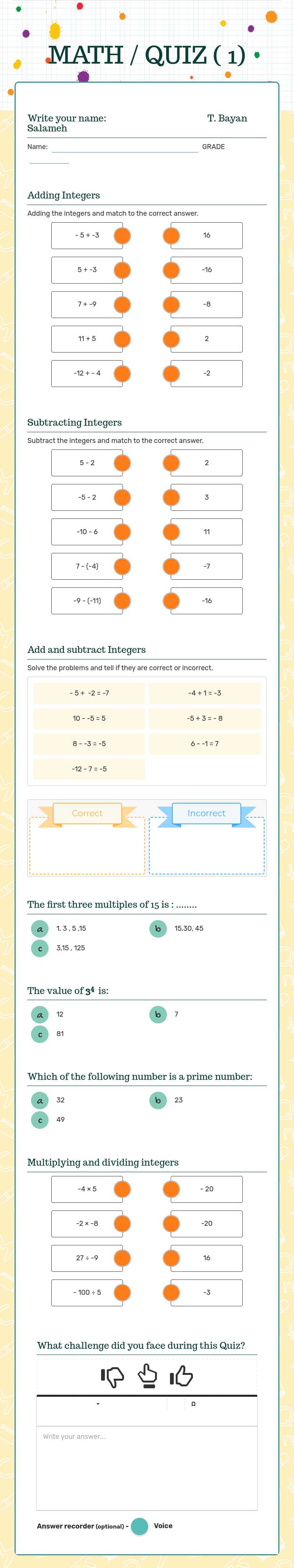 MATH / QUIZ ( 1) worksheet preview image