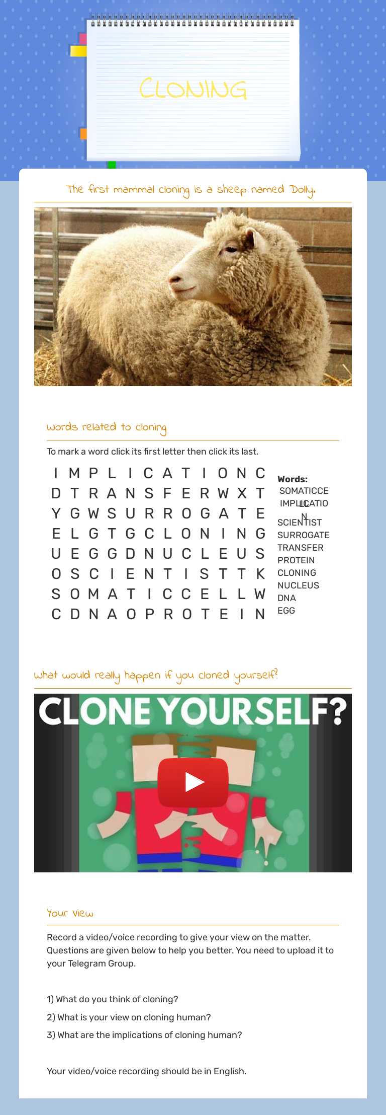 CLONING worksheet preview image