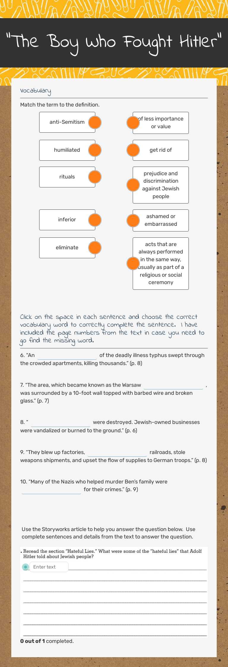 "The Boy Who Fought Hitler" worksheet preview image