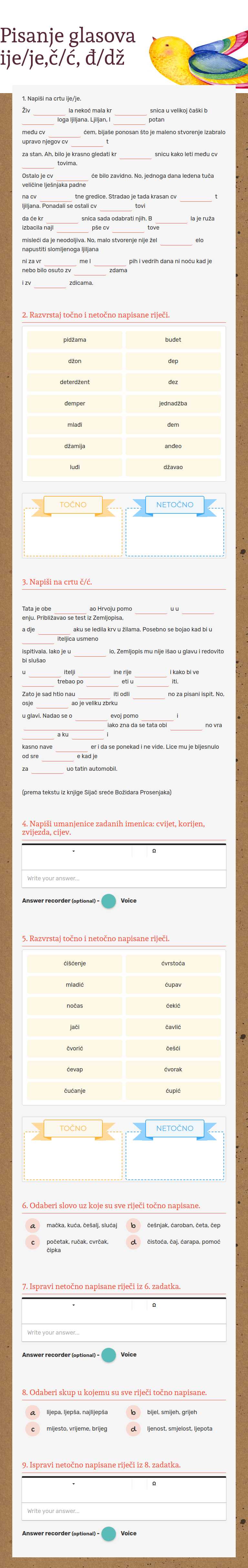 Pisanje glasova ije/je,č/ć, đ/dž worksheet preview image