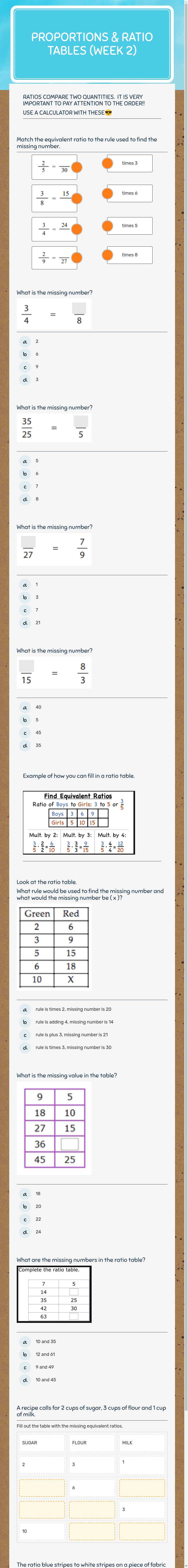 PROPORTIONS & RATIO TABLES    (week 2) Grade 6 worksheet preview
