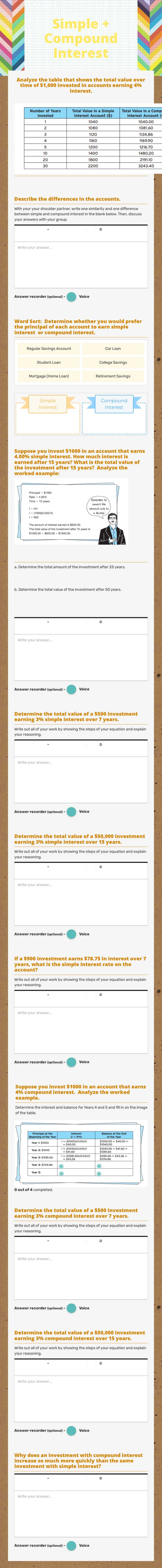 Simple + Compound Interest worksheet preview image
