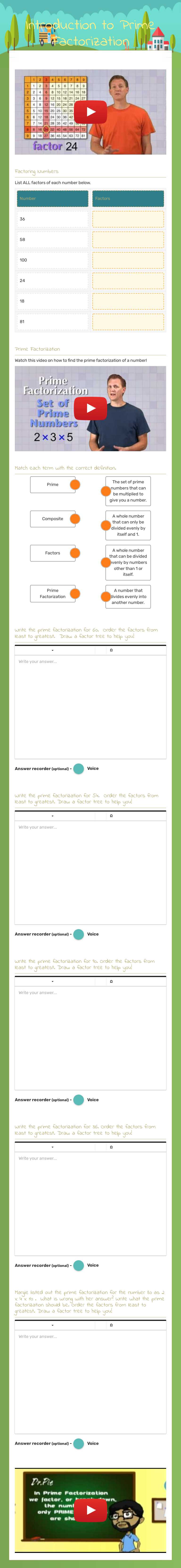 Introduction to Prime Factorization Grade 6 worksheet preview