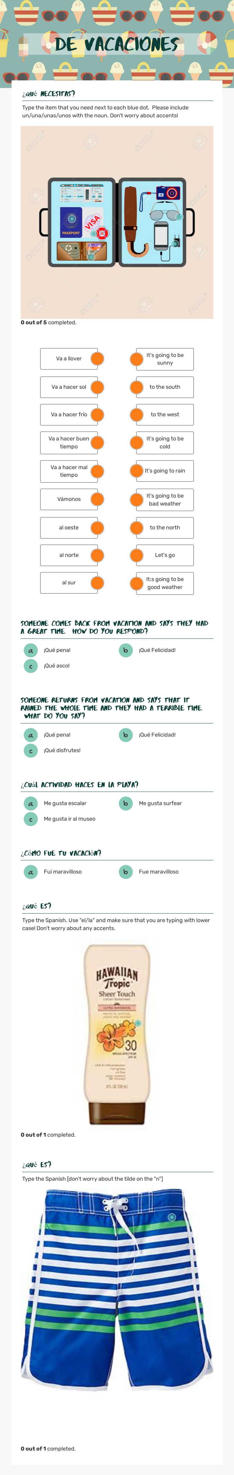 De Vacaciones worksheet preview image