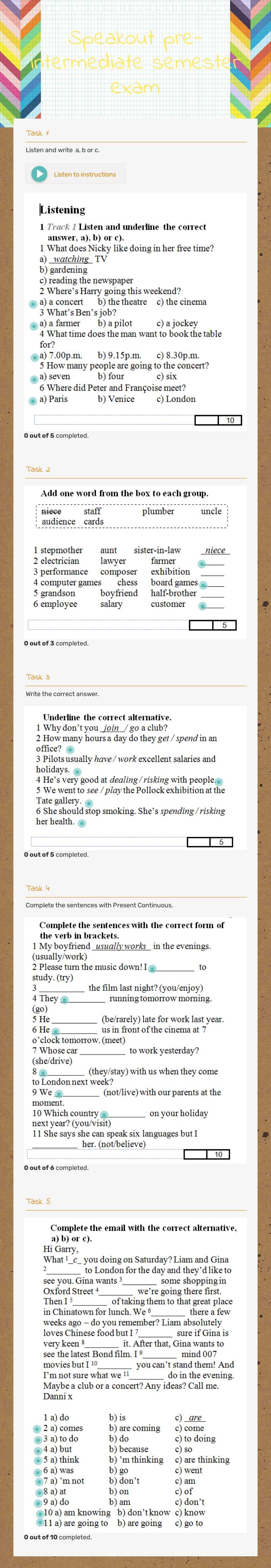Speakout pre-intermediate semester exam worksheet preview image