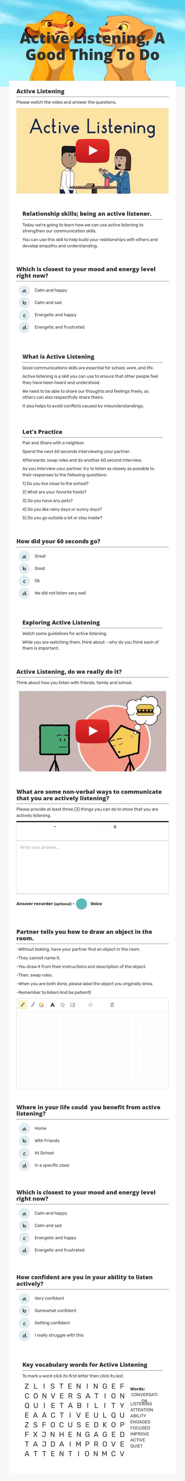 Active Listening, A Good Thing To Do worksheet preview image