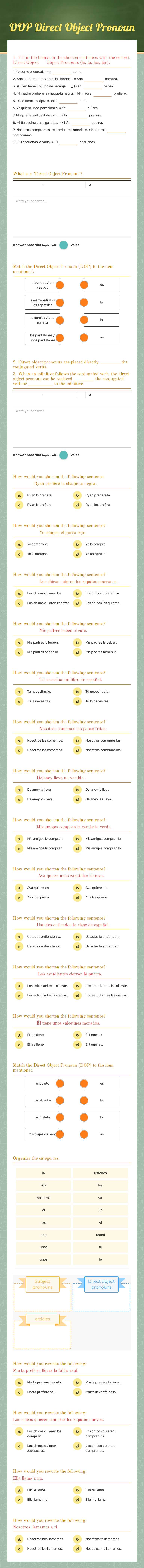 DOP                           
 Direct Object Pronouns worksheet preview image