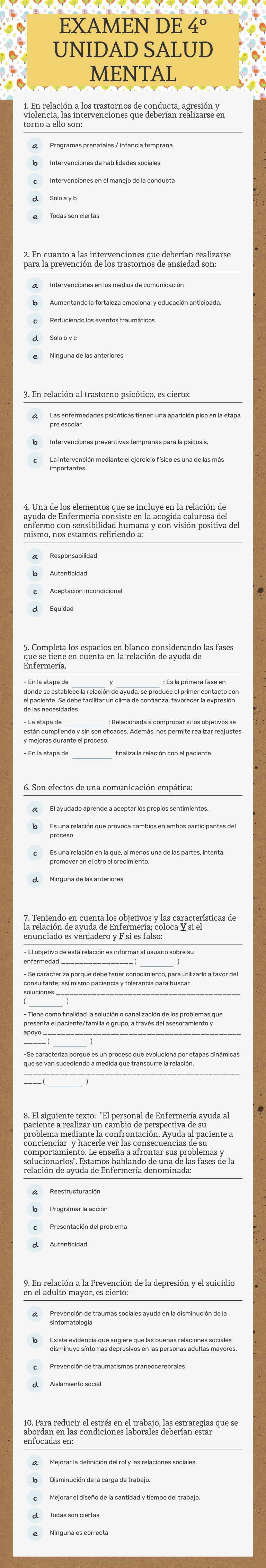 EXAMEN DE 4° UNIDAD SALUD MENTAL worksheet preview image