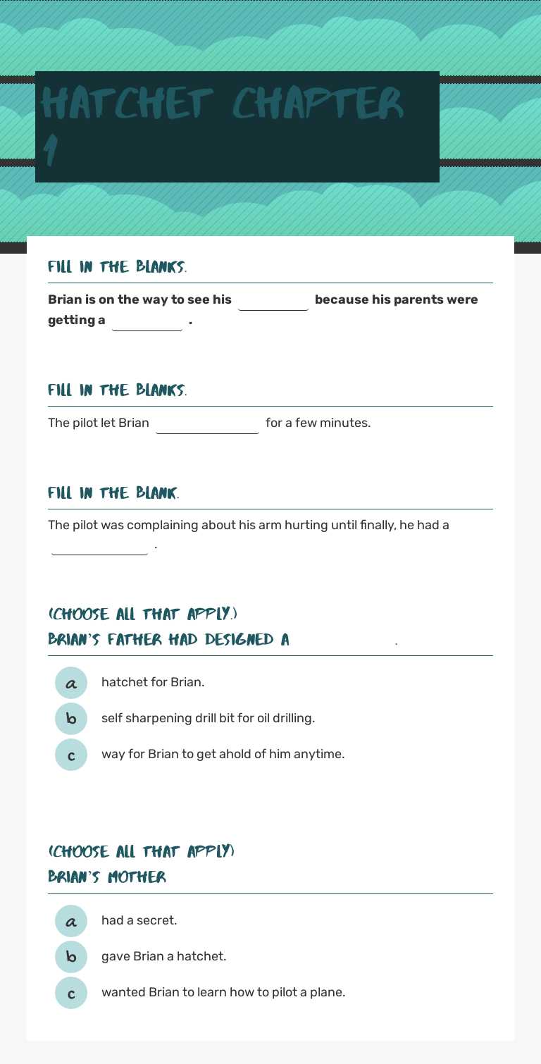 Hatchet Chapter 1 worksheet preview image