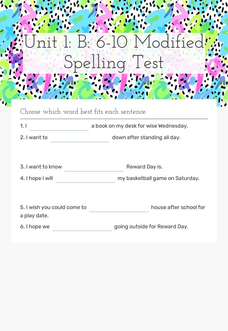 Unit 1: B: 6-10 Modified Spelling Test worksheet preview image