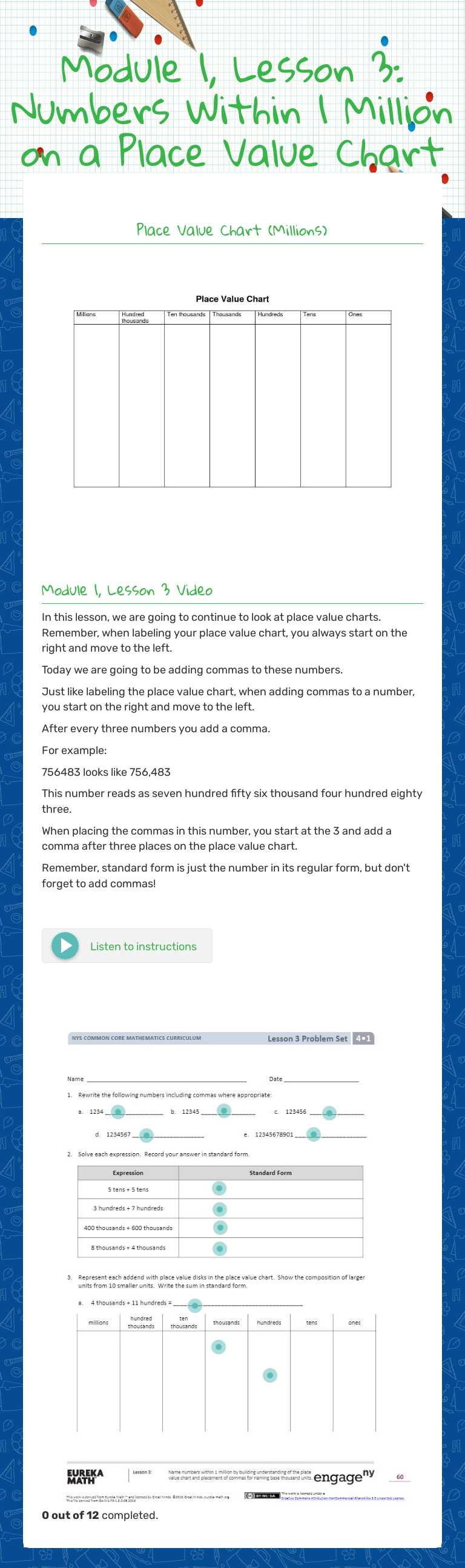 Module 1, Lesson 3: Numbers Within 1 Million on a Place Value Chart Grade 4 worksheet preview